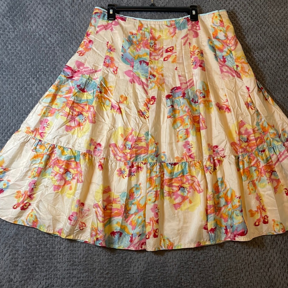 VTG Y2K 00's 100% Silk Floral Tiered Midi Skirt Size 14 Cottage Coquette